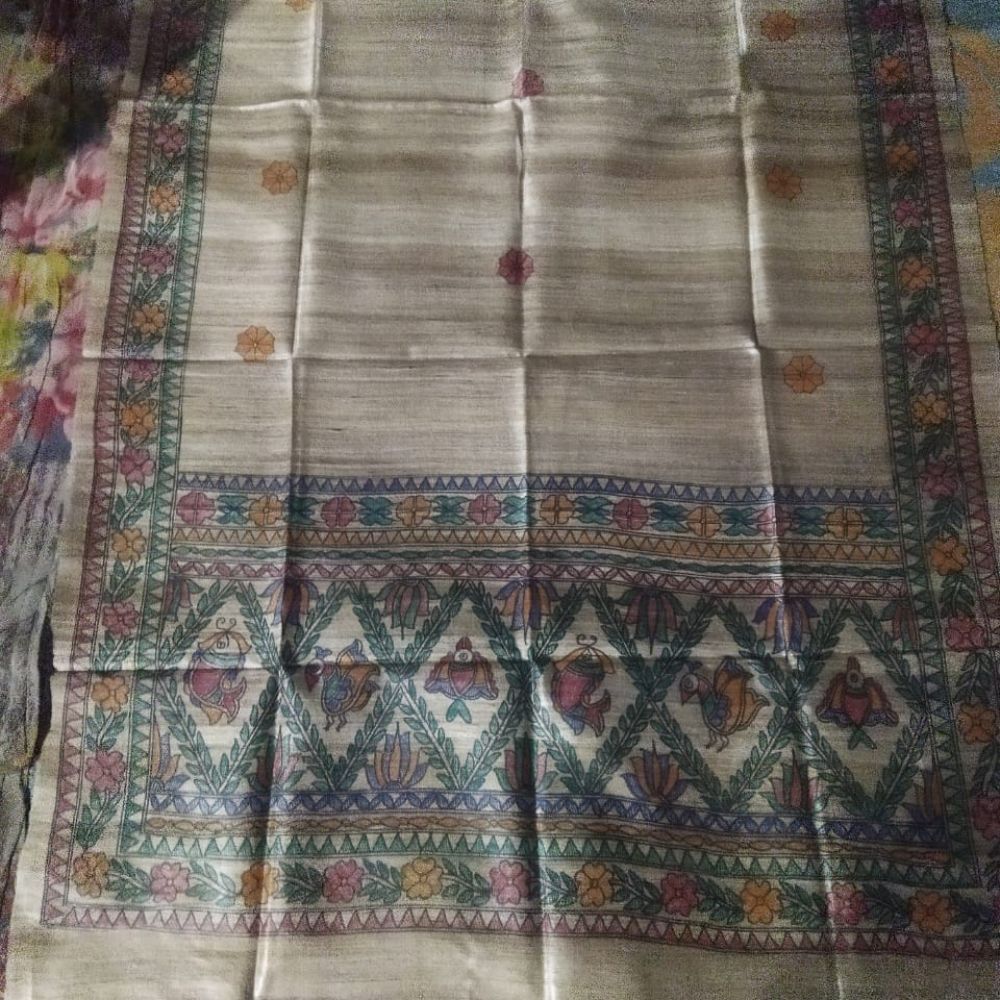 Tussar Saree with Madhubani Bride, Doli, and Kaahar Painting