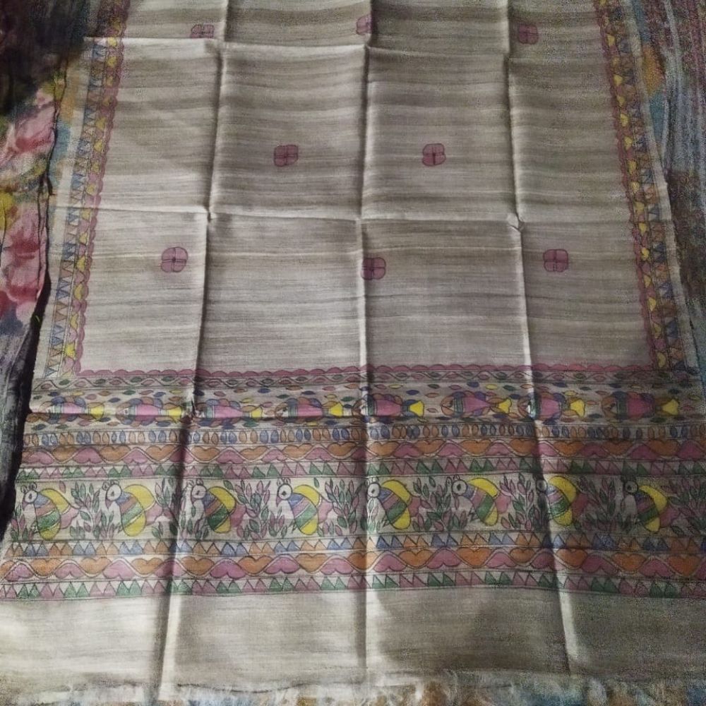 Tussar Saree with Madhubani Bride, Doli, and Kaahar Painting