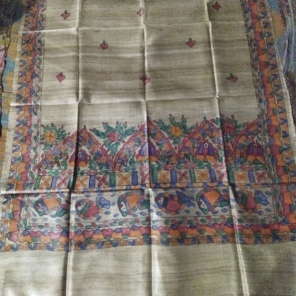 Tussar Saree with Madhubani Bride, Doli, and Kaahar Painting