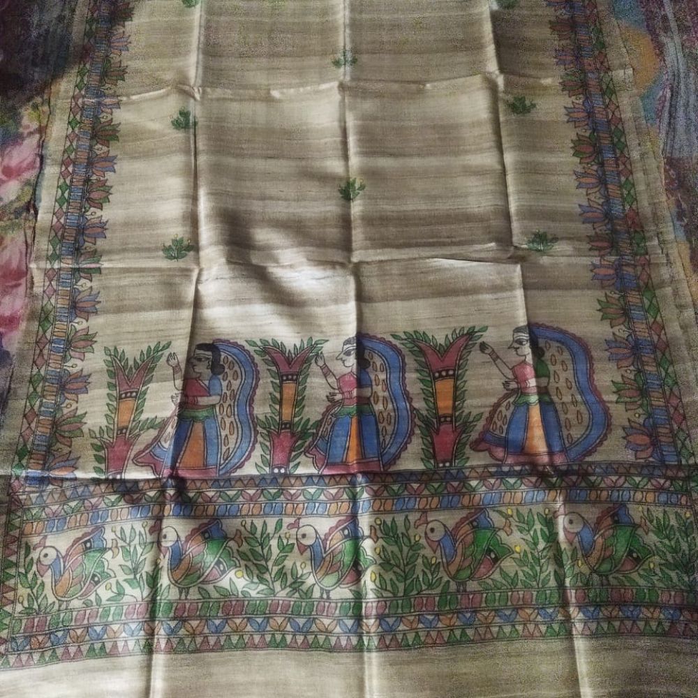 Tussar Saree with Madhubani Bride, Doli, and Kaahar Painting