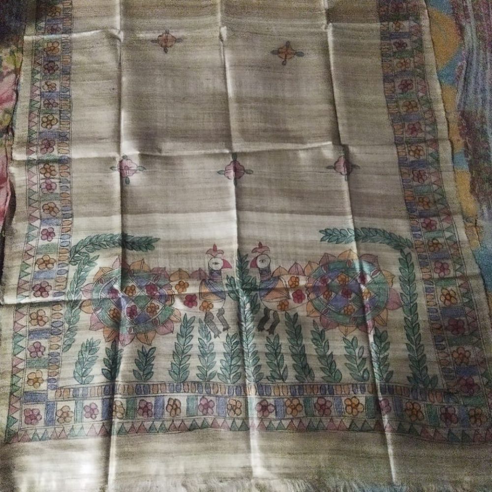 Tussar Saree with Madhubani Bride, Doli, and Kaahar Painting