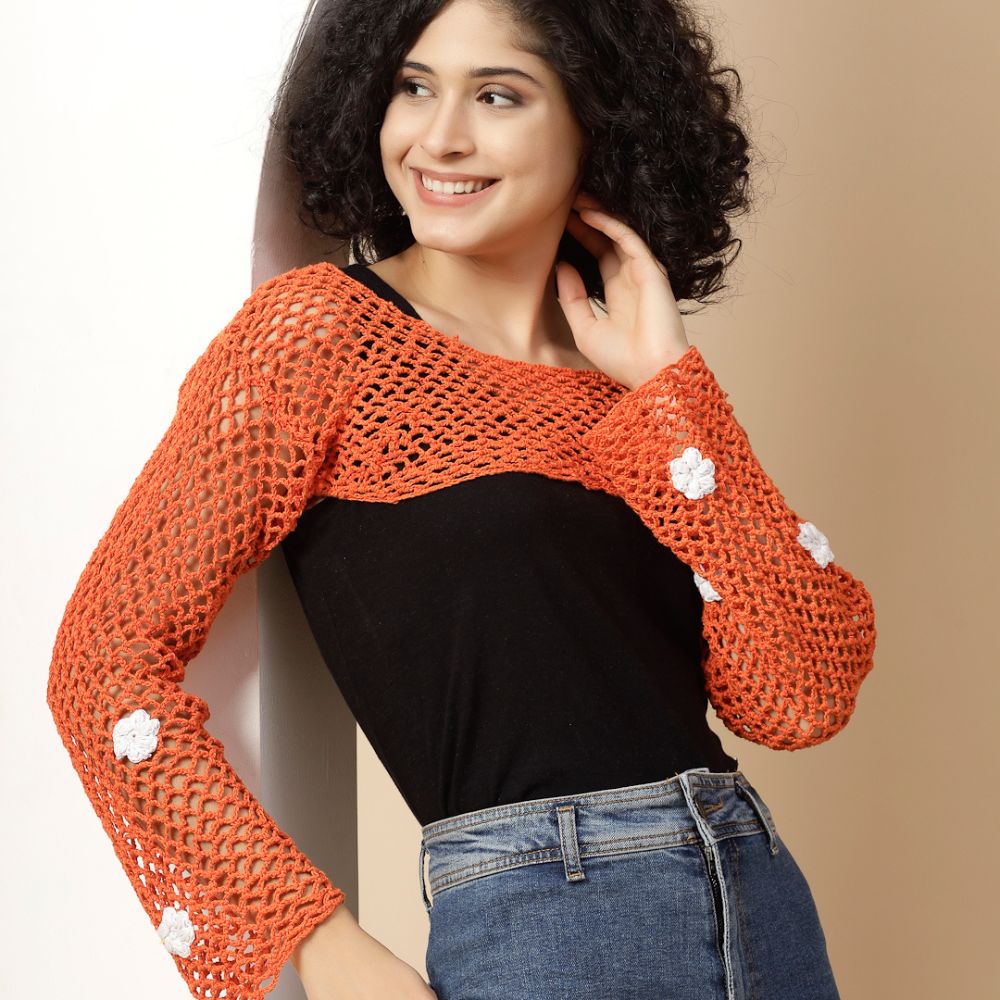 Handcrafted Orange Crochet Shrug Top