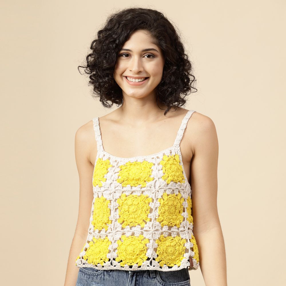 Velvery Crochet Yellow Self-Design Sleeveless Hand-Knitted Crop Top