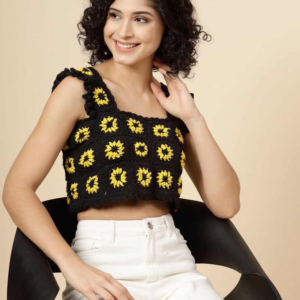 Velvery Crochet Black and Yellow Floral Sleeveless Hand-Knitted Crop Top