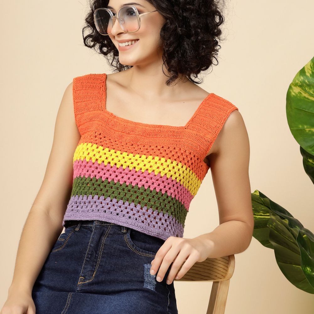 Velvery Crochet Multicolor Stripe Sleeveless Hand-Knitted Crop Top