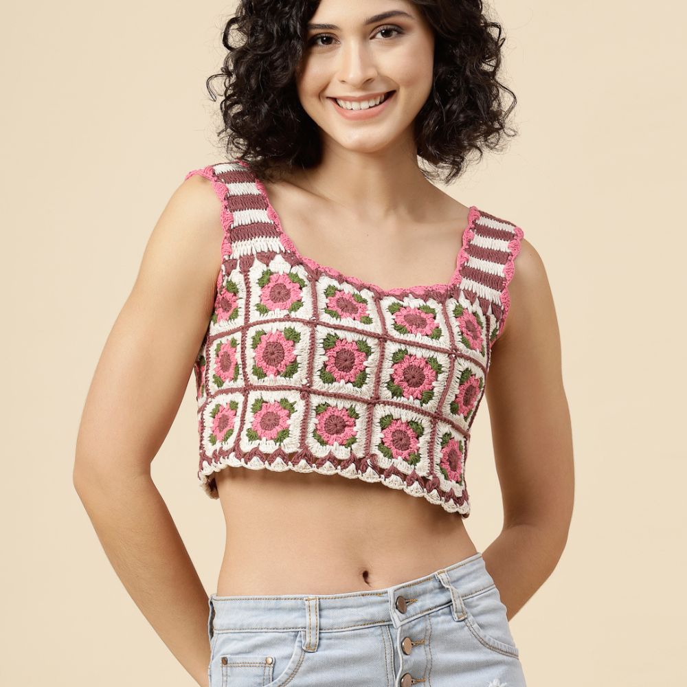 Velvery Crochet Pink and Ivory Floral Sleeveless Hand-Knitted Crop Top