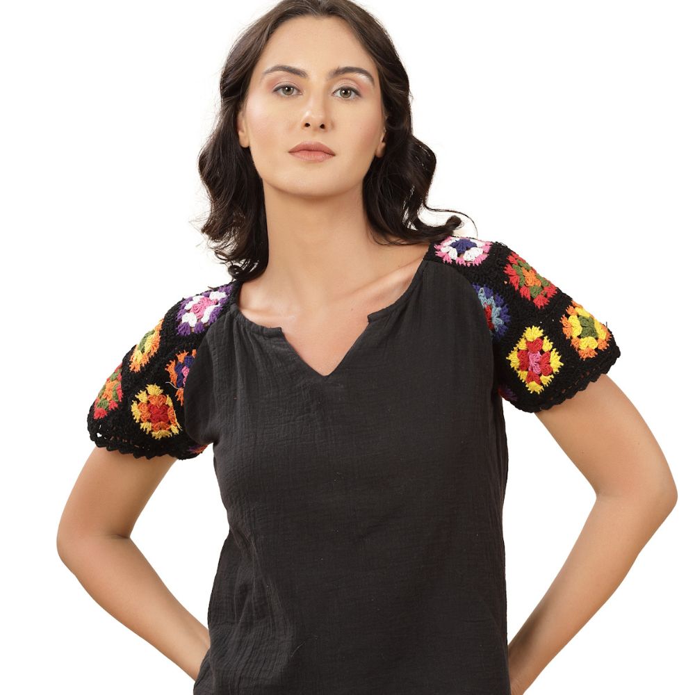 Boho Bloom Crochet Sleeve Black Top  