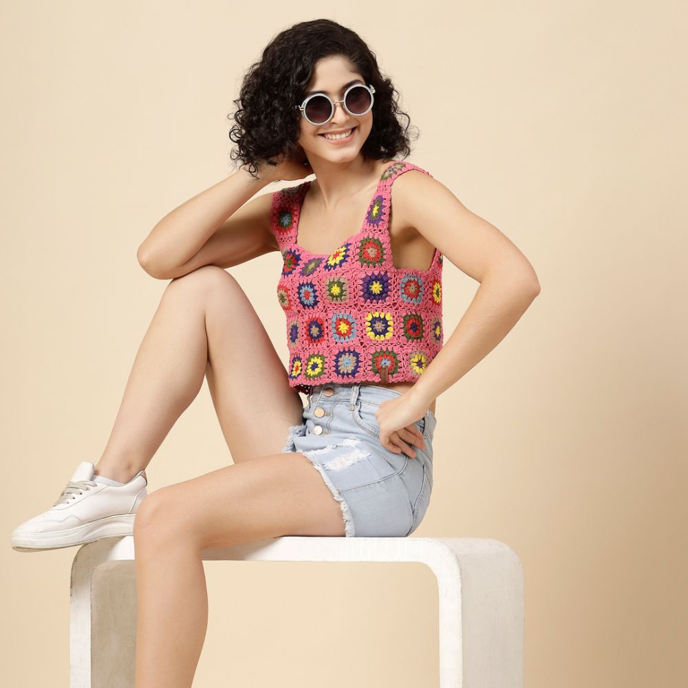 Sunburst Patchwork Crochet Crop Top – Pink 