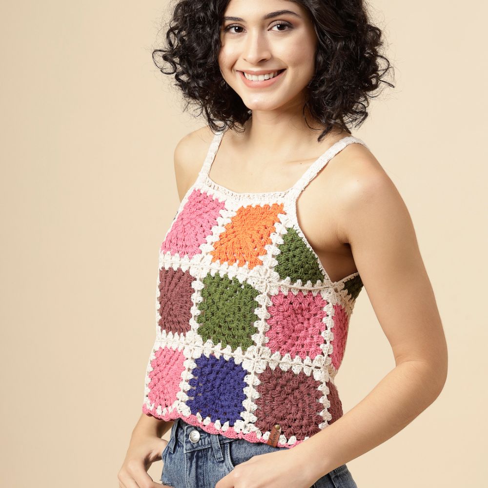 Handcrafted Multicolor Crochet Patchwork Top