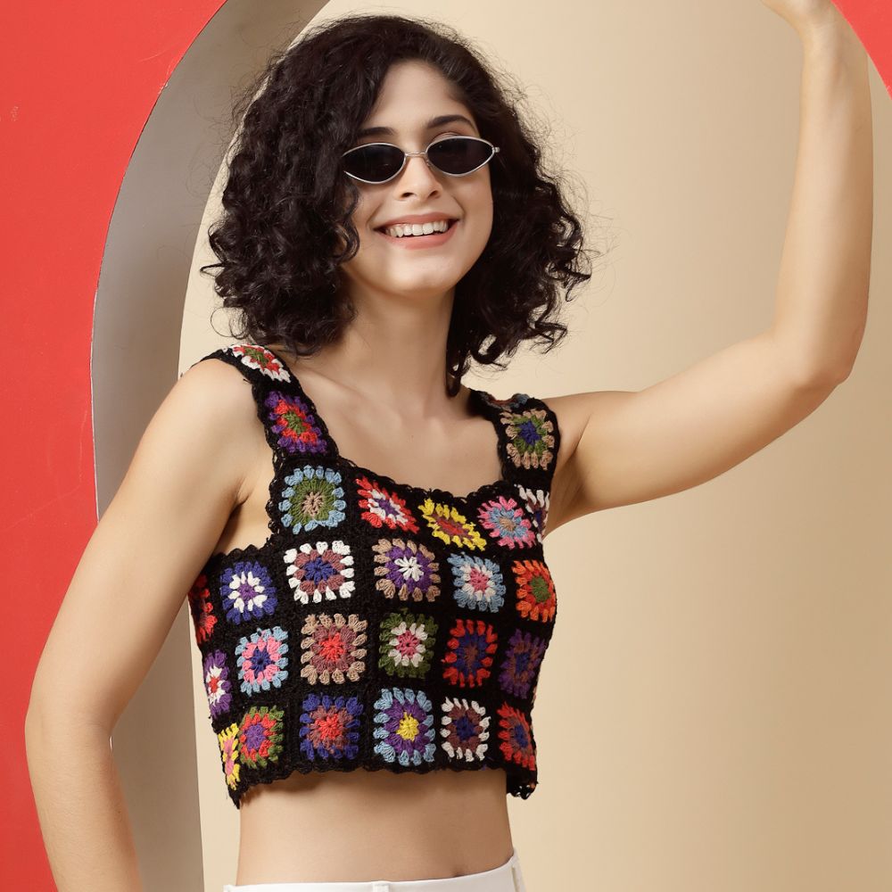 Black Multicolor Granny Square Crochet Crop Top
