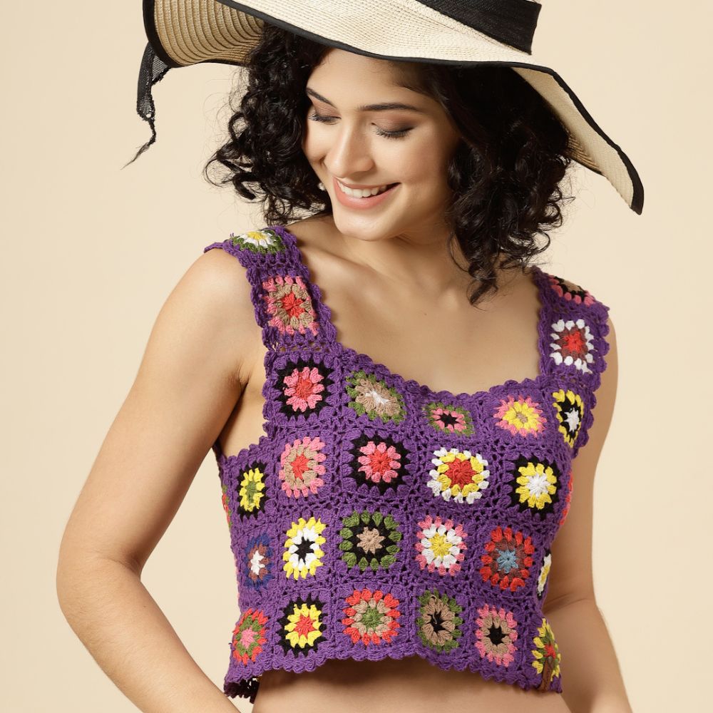 Boho Bloom Hand-Crocheted Granny Square Crop Top – Purple