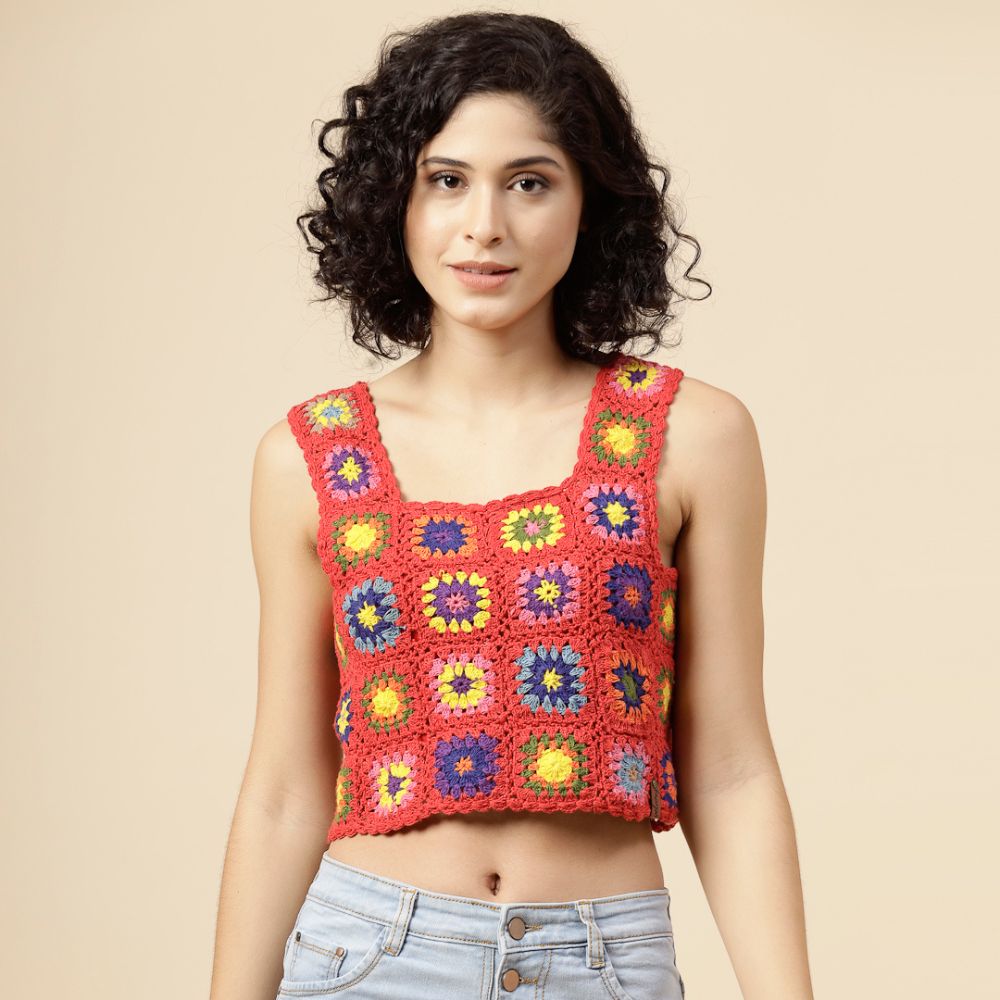 Sunset Bloom Hand-Crocheted Granny Square Crop Top – Red