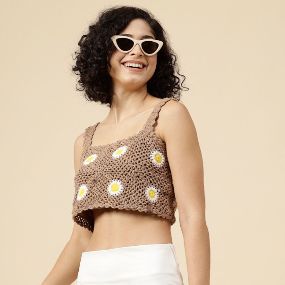 Daisy Meadow Hand-Crocheted Crop Top – Cocoa Brown