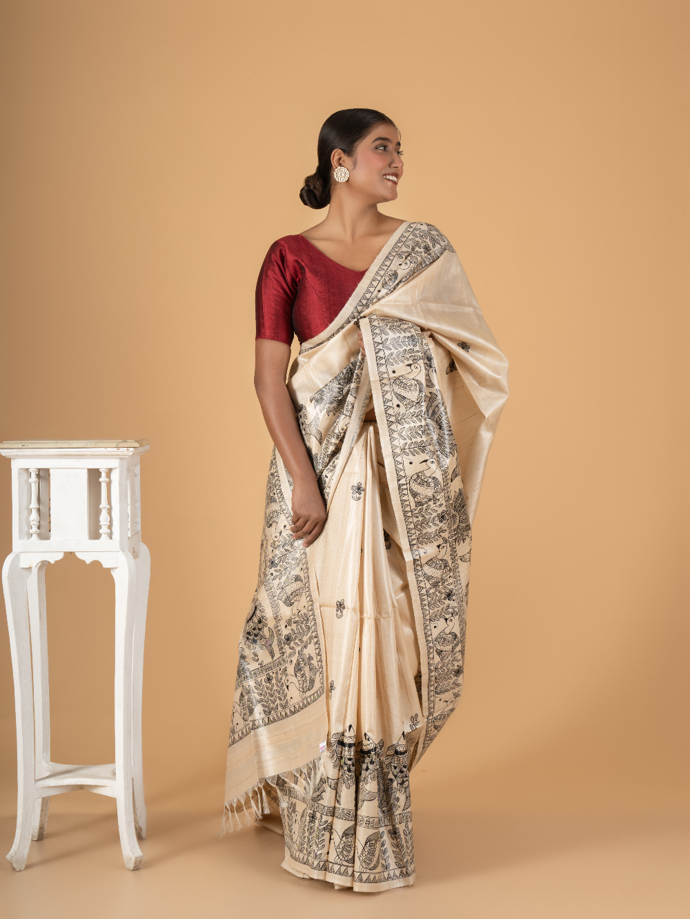 Tussar Saree with Madhubani Bride, Doli, and Kaahar Painting