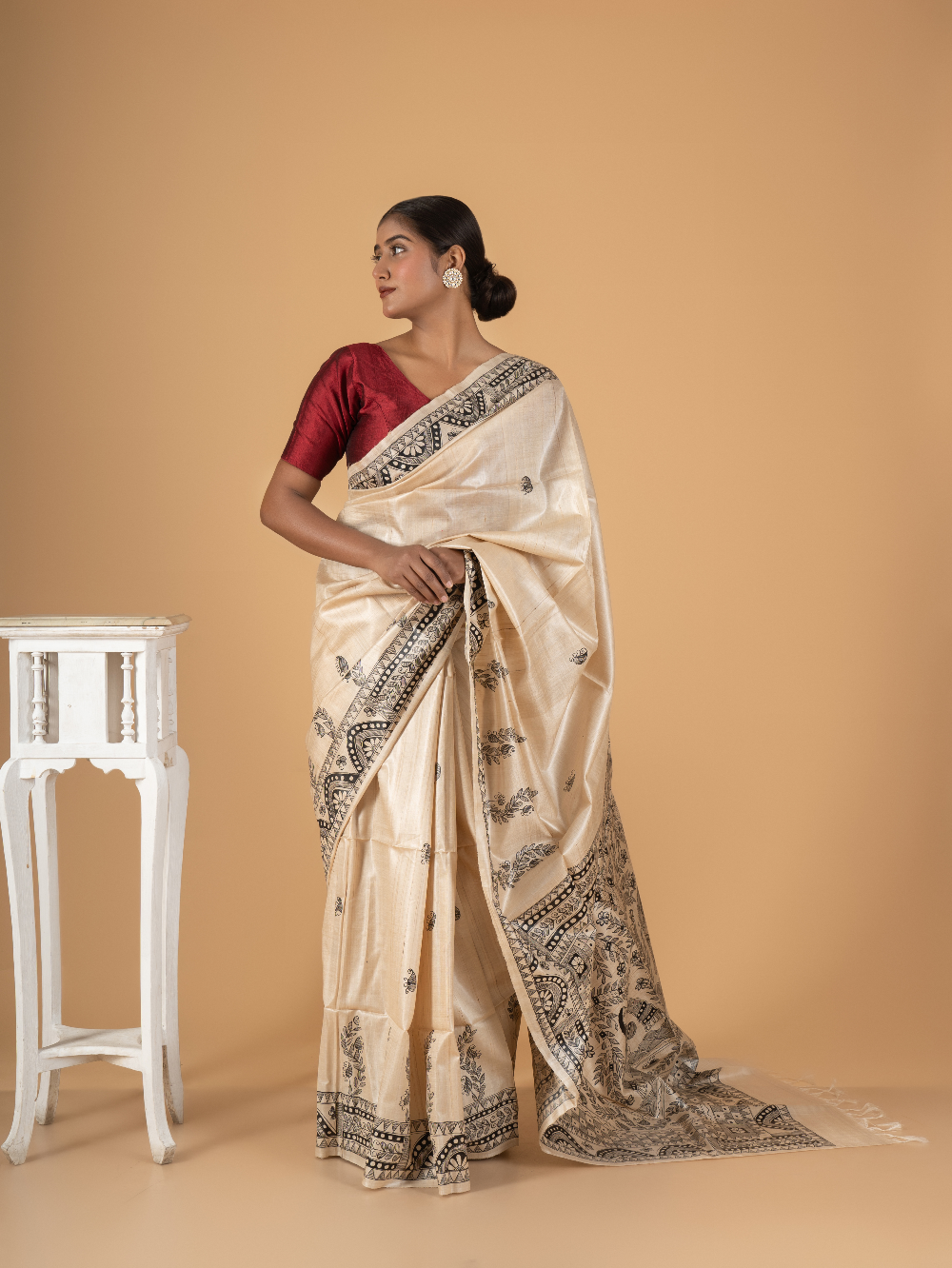 Tussar Saree with Madhubani Bride, Doli, and Kaahar Painting