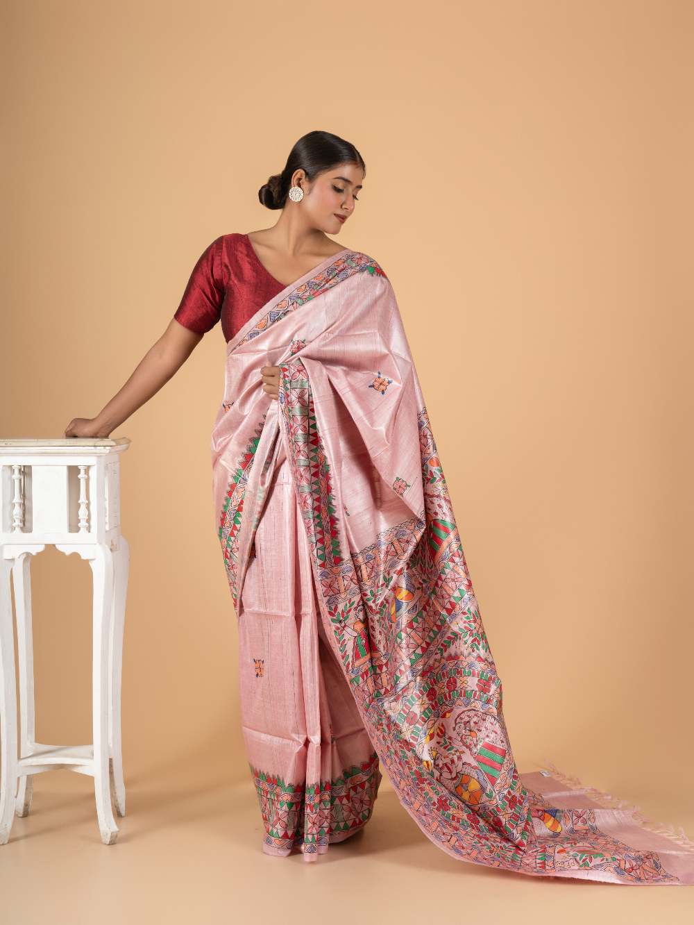 Tussar Saree with Madhubani Bride, Doli, and Kaahar Painting