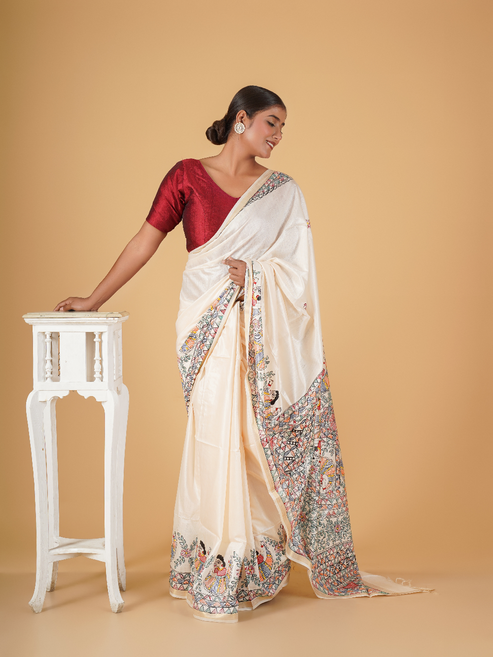 Tussar Saree with Madhubani Bride, Doli, and Kaahar Painting