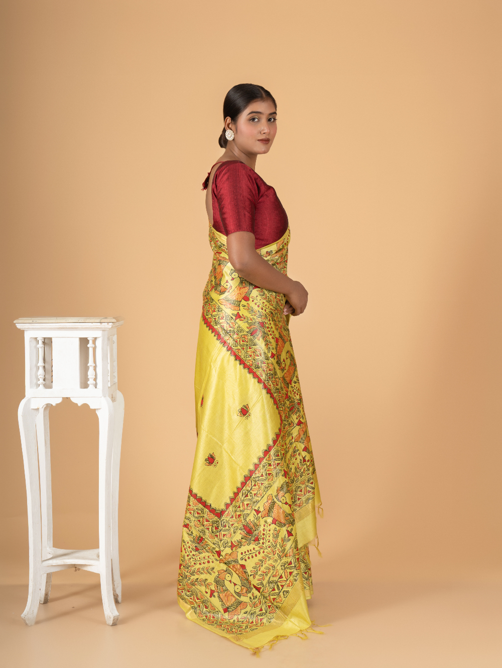 Tussar Saree with Madhubani Bride, Doli, and Kaahar Painting