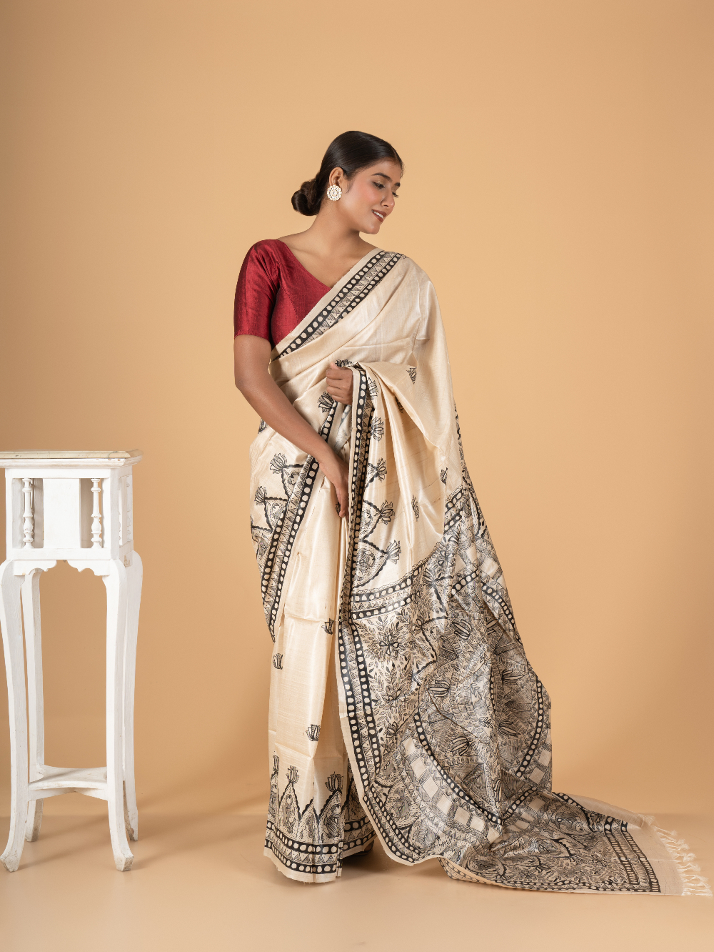 Tussar Saree with Madhubani Bride, Doli, and Kaahar Painting
