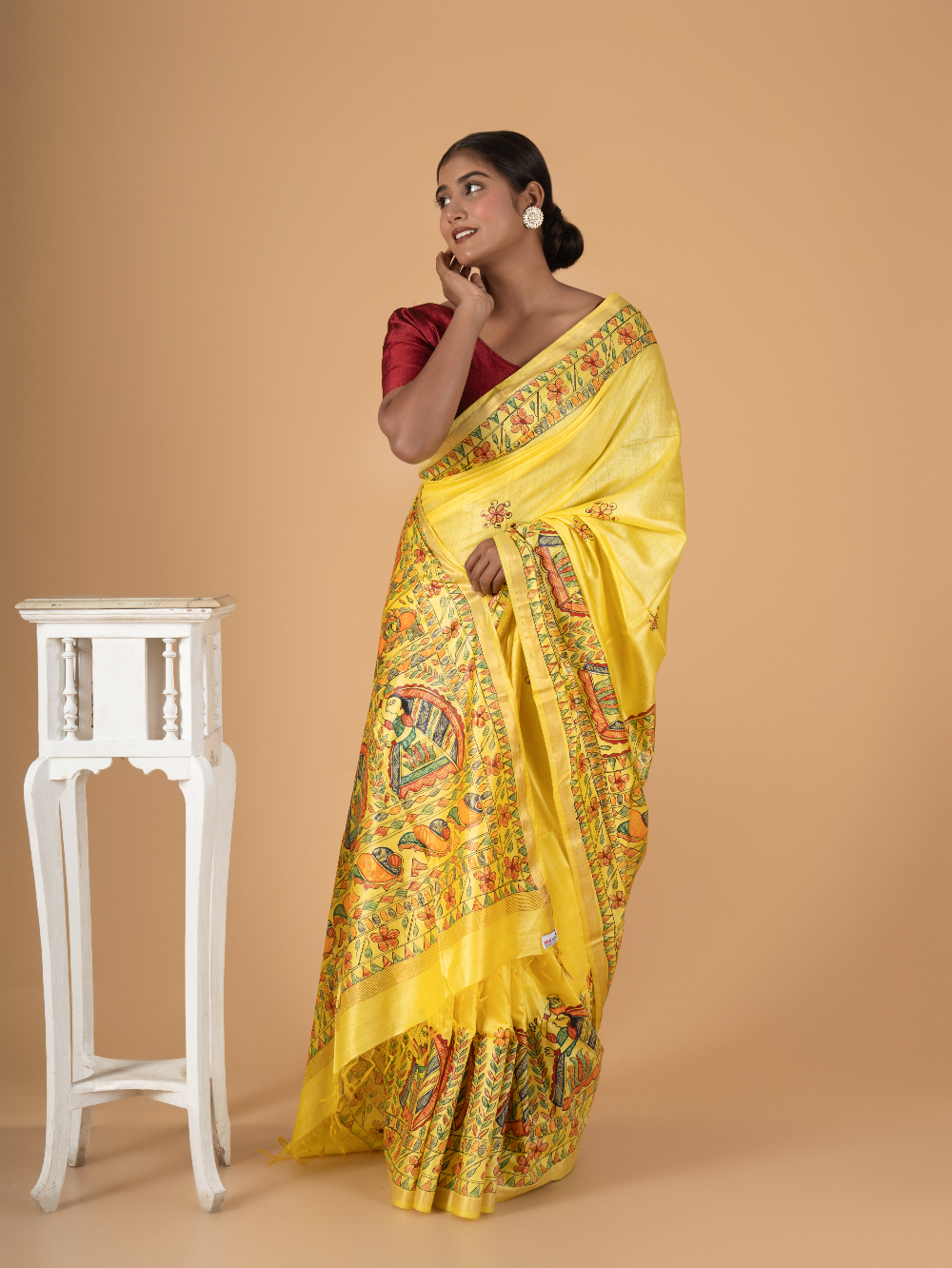 Tussar Saree with Madhubani Bride, Doli, and Kaahar Painting
