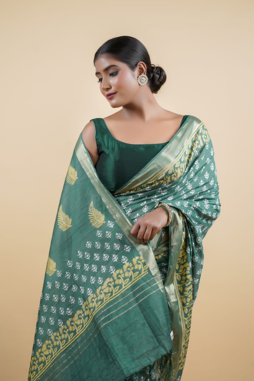 Tussar Saree with Madhubani Bride, Doli, and Kaahar Painting