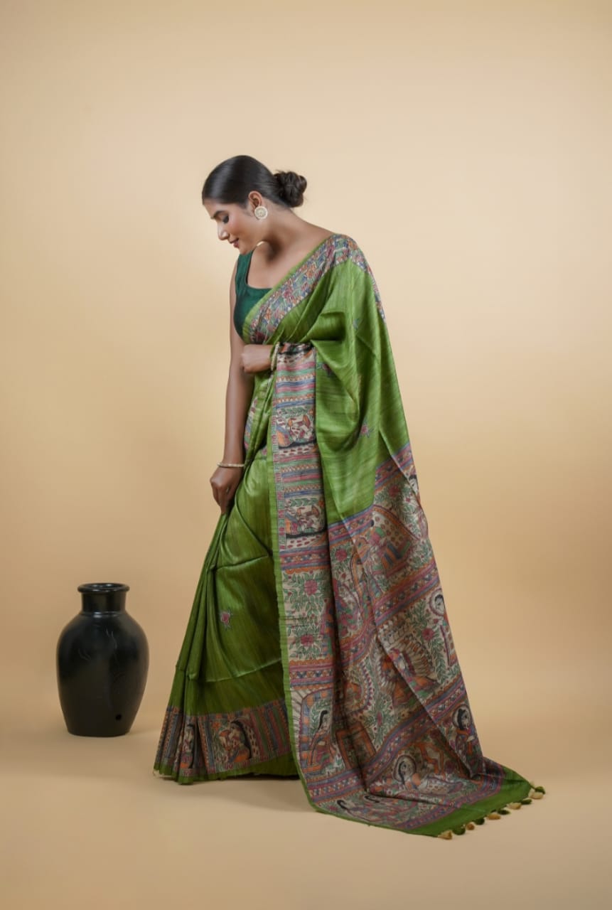Tussar Saree with Madhubani Bride, Doli, and Kaahar Painting