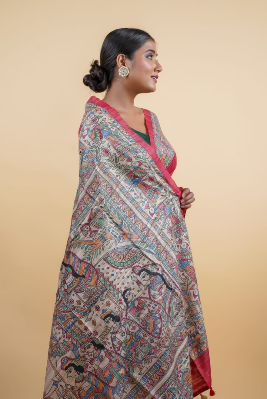Tussar Saree with Madhubani Bride, Doli, and Kaahar Painting