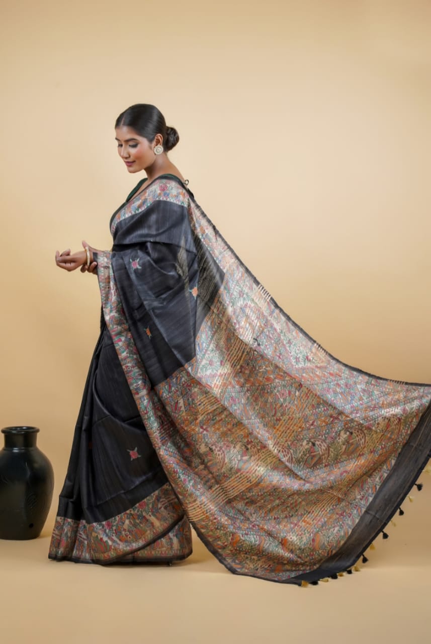 Tussar Saree with Madhubani Bride, Doli, and Kaahar Painting