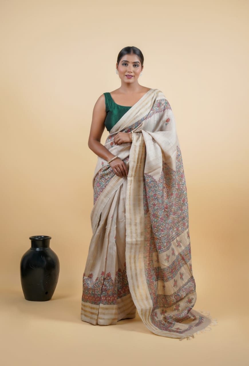 Tussar Saree with Madhubani Bride, Doli, and Kaahar Painting