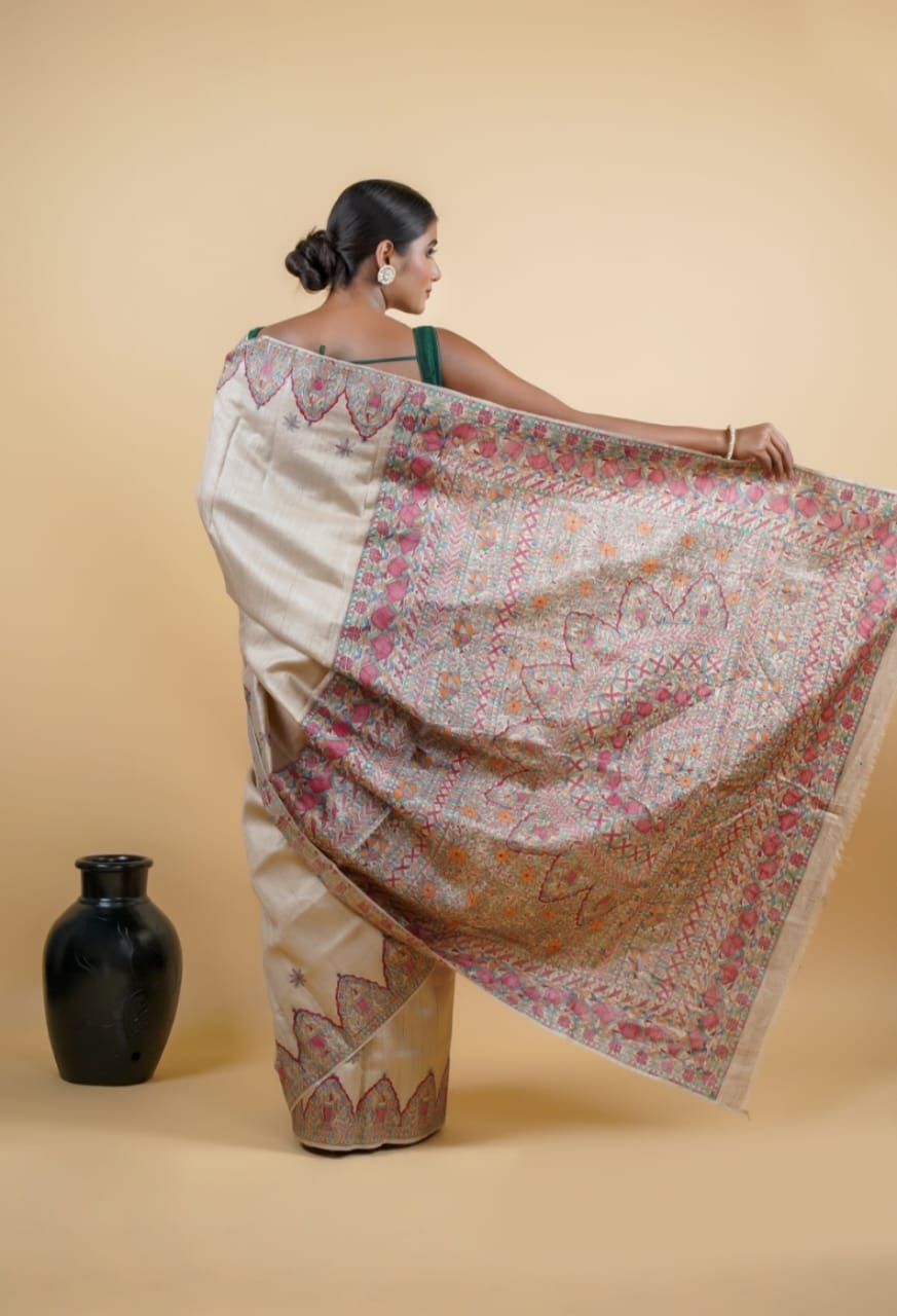 Tussar Saree with Madhubani Bride, Doli, and Kaahar Painting