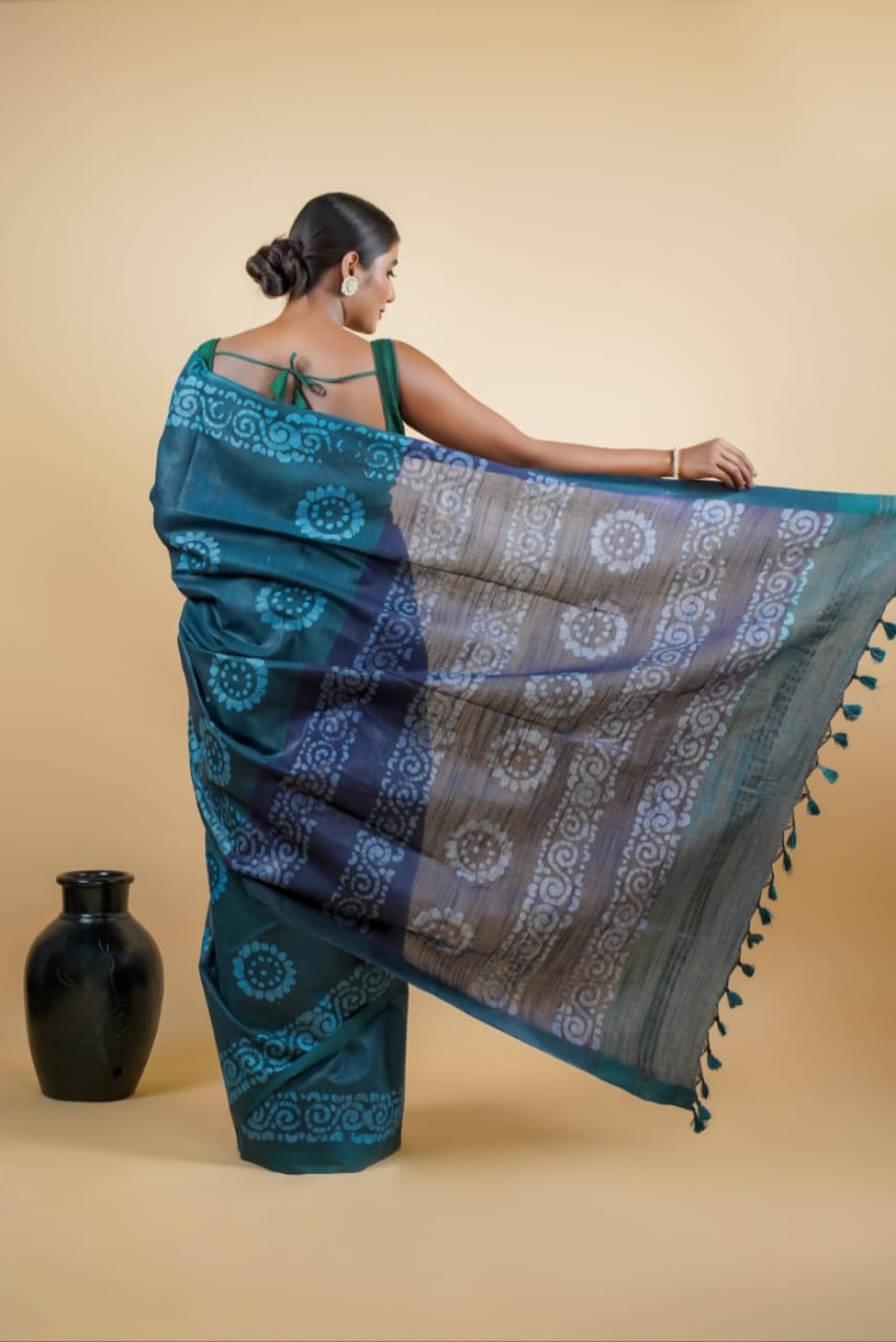 Tussar Saree with Madhubani Bride, Doli, and Kaahar Painting