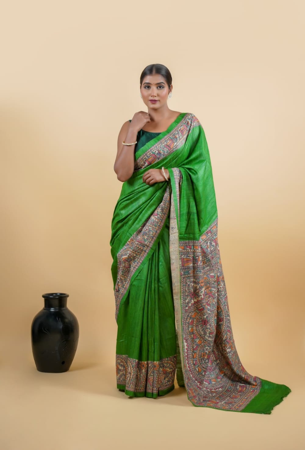 Tussar Saree with Madhubani Bride, Doli, and Kaahar Painting