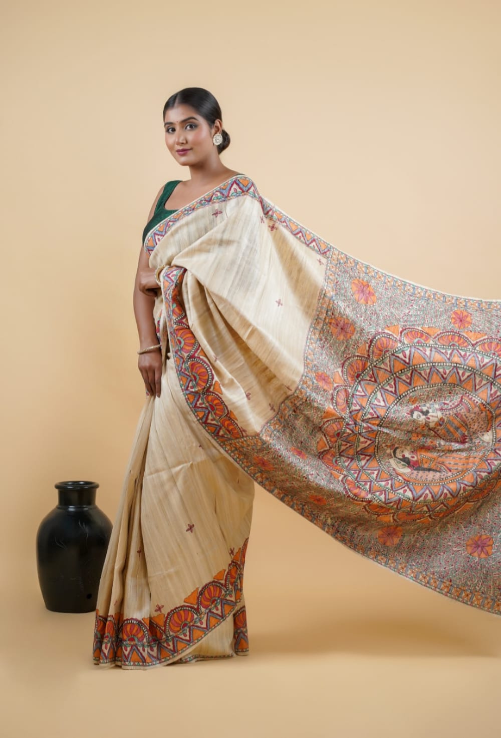 Tussar Saree with Madhubani Bride, Doli, and Kaahar Painting
