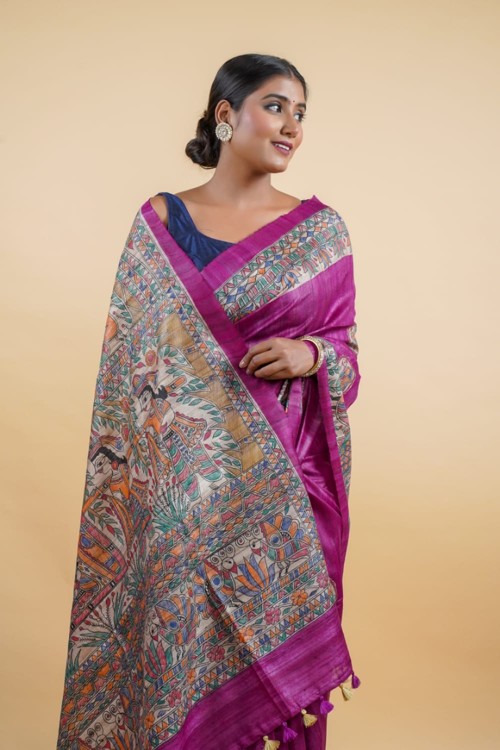 Tussar Saree with Madhubani Bride, Doli, and Kaahar Painting