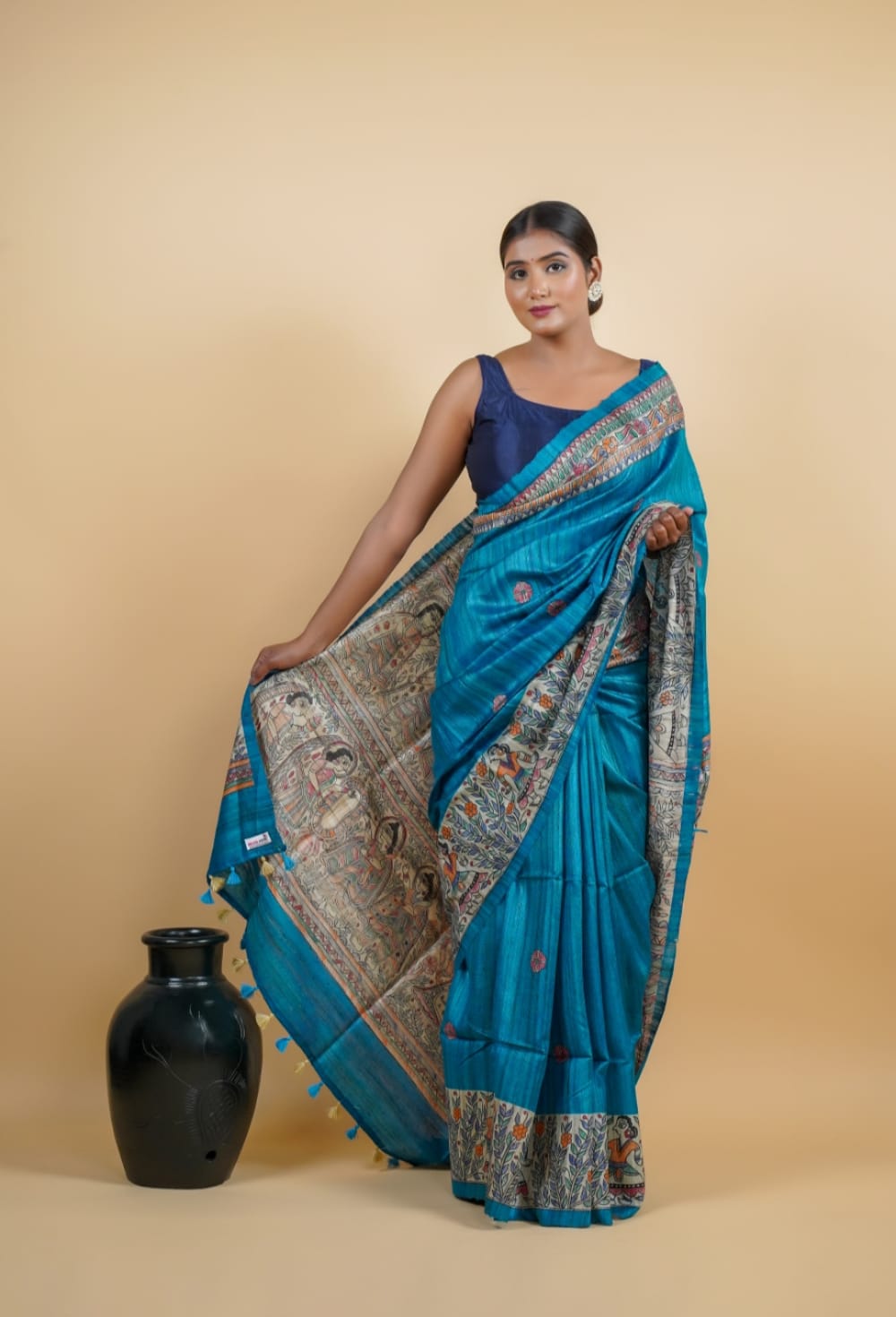 Tussar Saree with Madhubani Bride, Doli, and Kaahar Painting