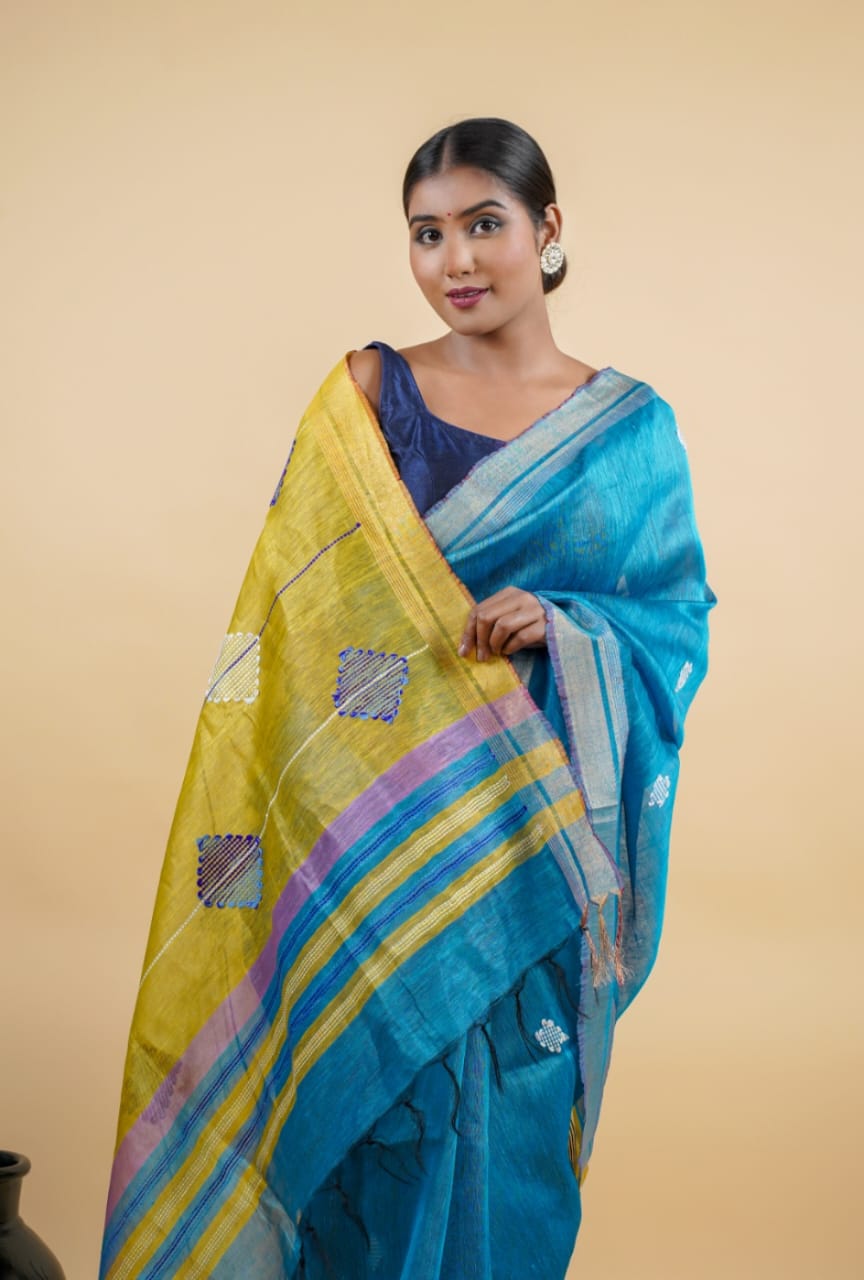 Tussar Saree with Madhubani Bride, Doli, and Kaahar Painting