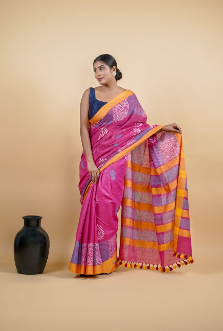 Tussar Saree with Madhubani Bride, Doli, and Kaahar Painting