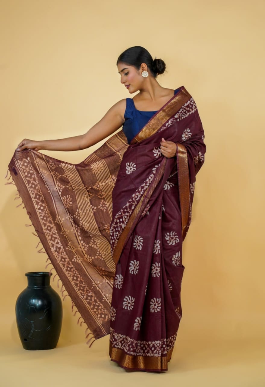 Tussar Saree with Madhubani Bride, Doli, and Kaahar Painting