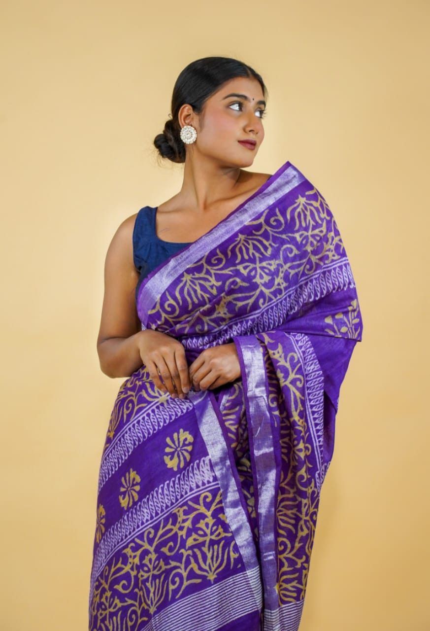 Tussar Saree with Madhubani Bride, Doli, and Kaahar Painting
