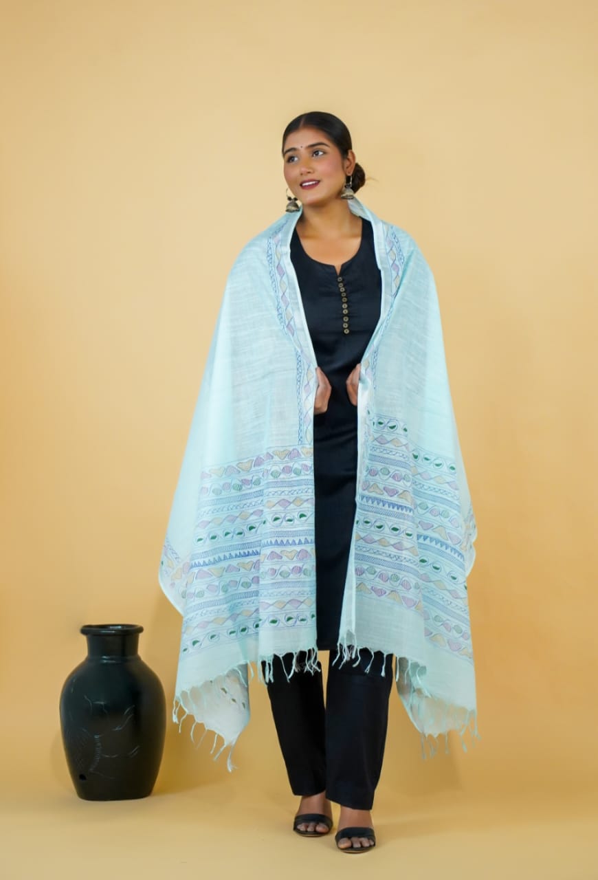 Tussar Saree with Madhubani Bride, Doli, and Kaahar Painting