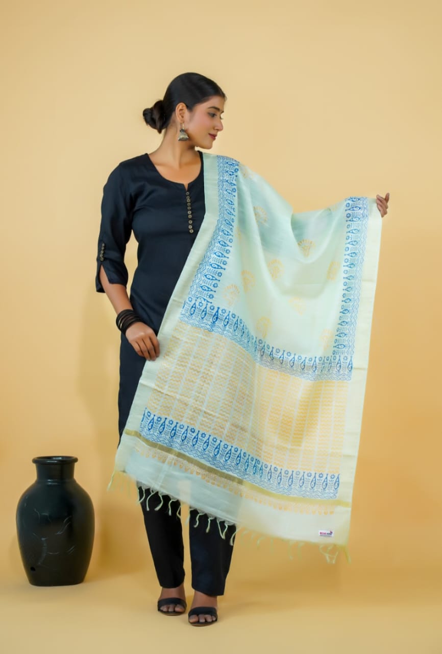 Tussar Saree with Madhubani Bride, Doli, and Kaahar Painting