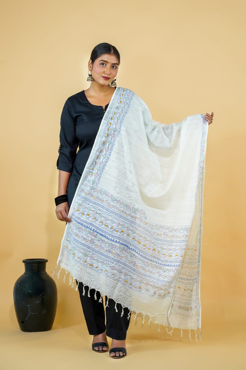 Tussar Saree with Madhubani Bride, Doli, and Kaahar Painting