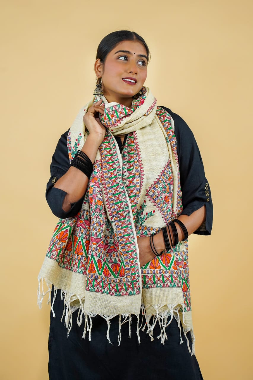 Tussar Saree with Madhubani Bride, Doli, and Kaahar Painting