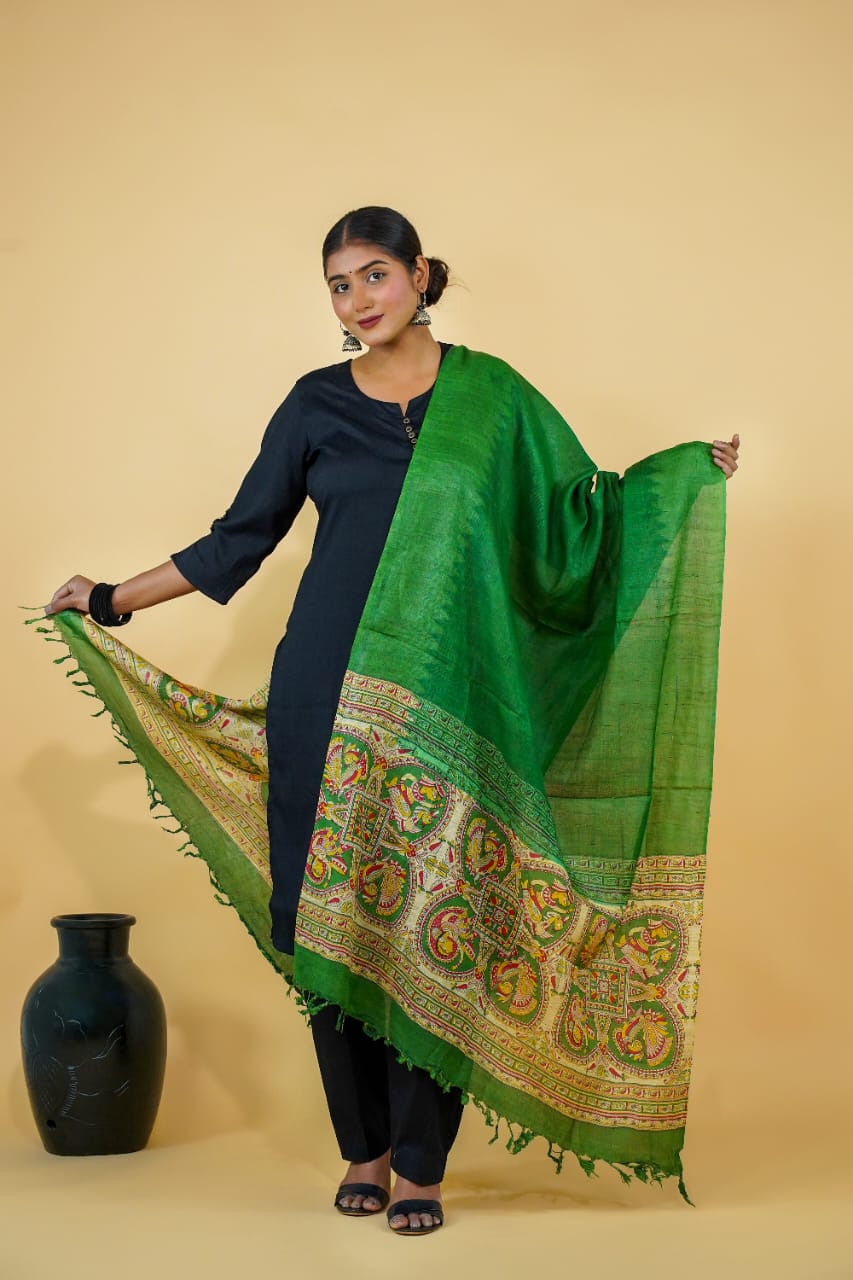 Tussar Saree with Madhubani Bride, Doli, and Kaahar Painting