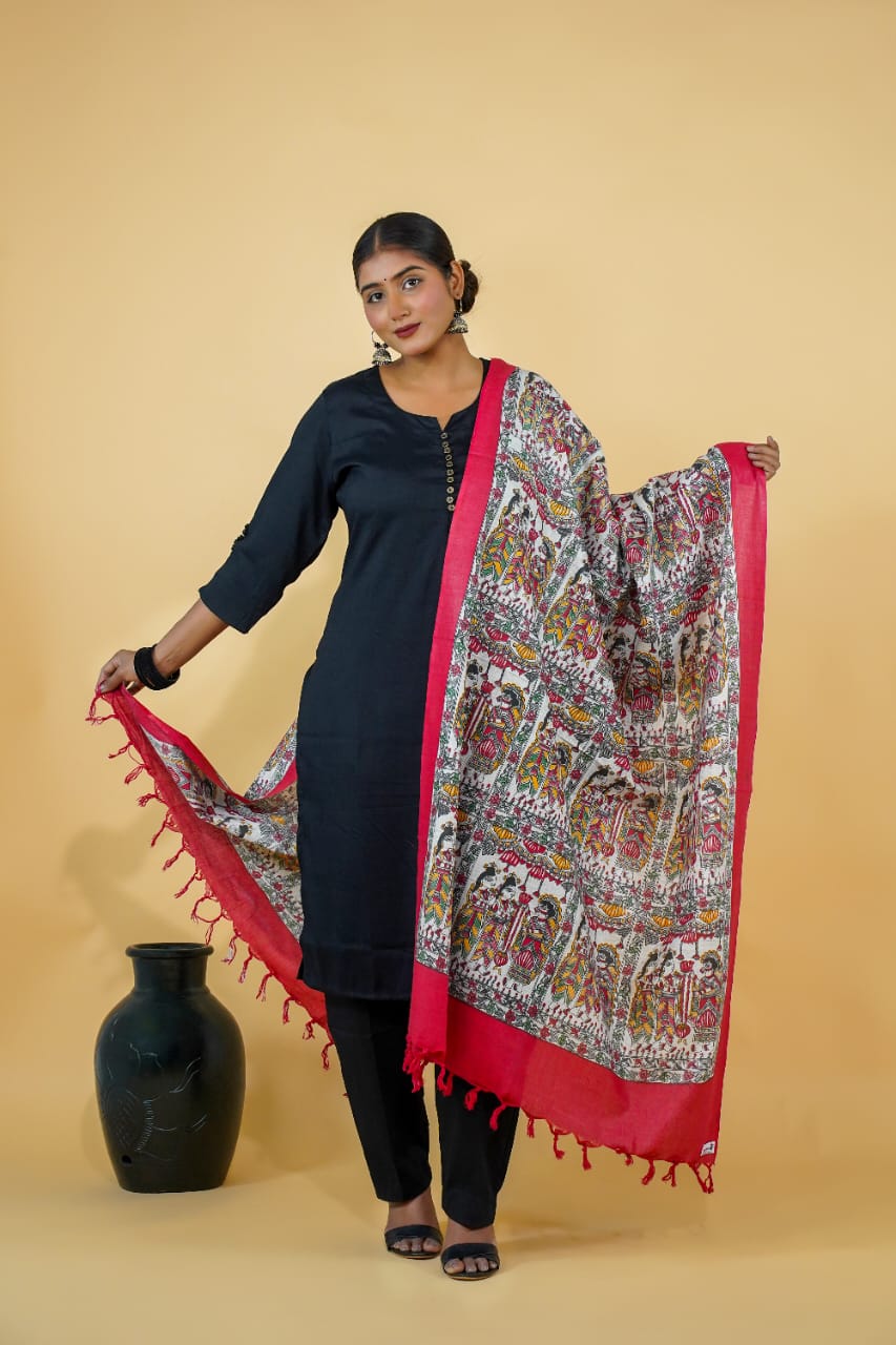 Tussar Saree with Madhubani Bride, Doli, and Kaahar Painting