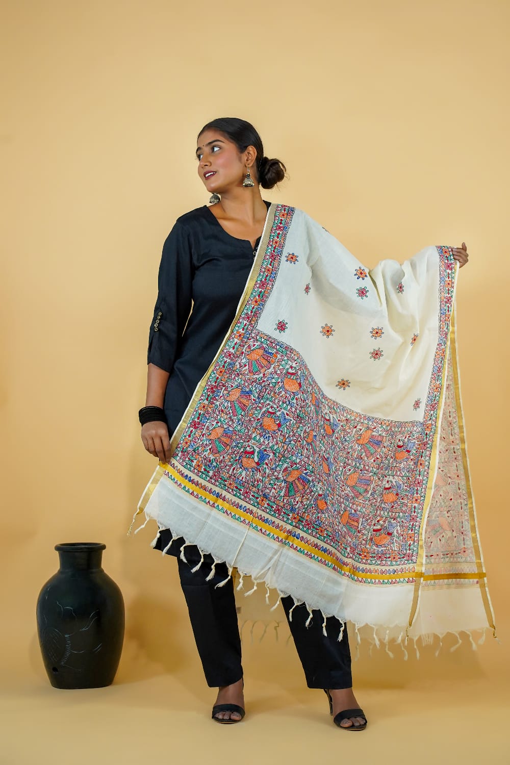 Tussar Saree with Madhubani Bride, Doli, and Kaahar Painting