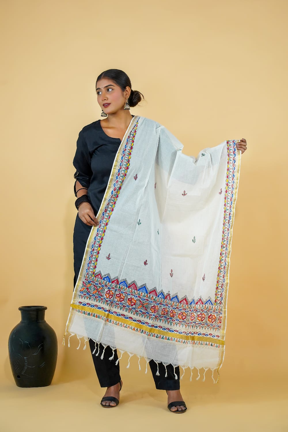 Tussar Saree with Madhubani Bride, Doli, and Kaahar Painting