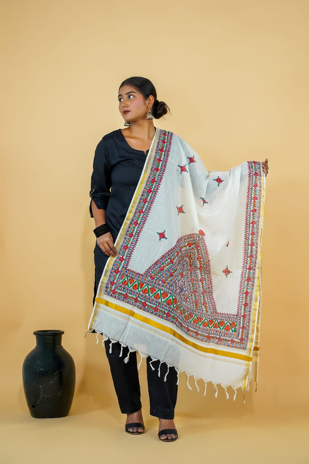 Tussar Saree with Madhubani Bride, Doli, and Kaahar Painting