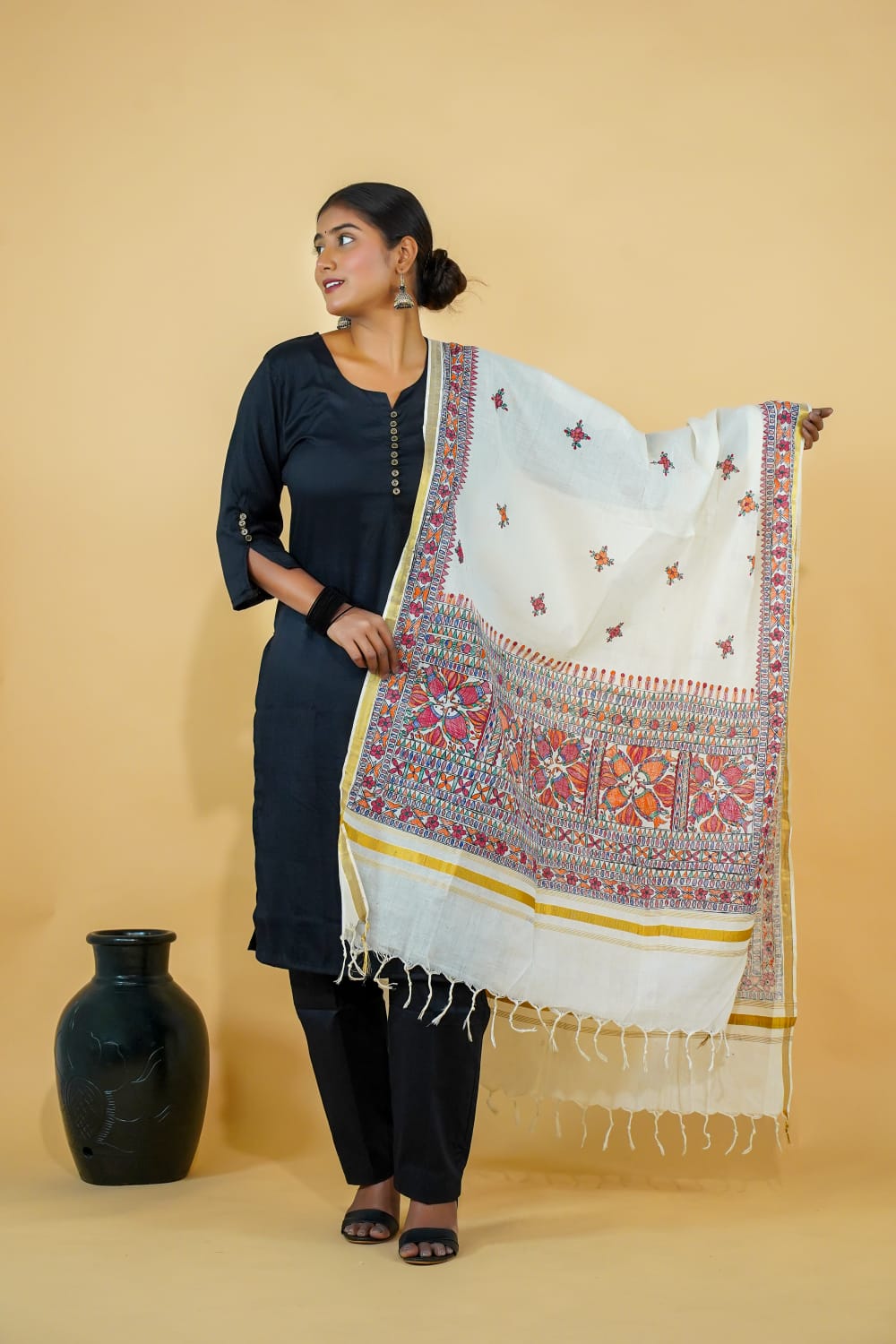 Tussar Saree with Madhubani Bride, Doli, and Kaahar Painting