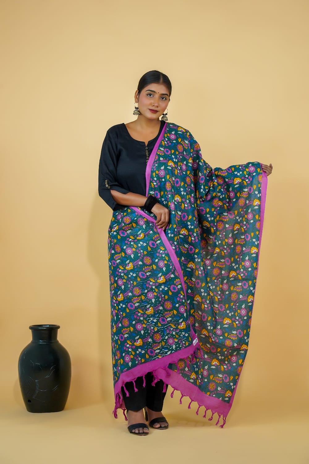 Tussar Saree with Madhubani Bride, Doli, and Kaahar Painting
